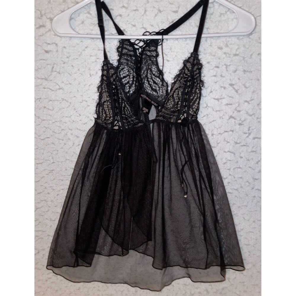 Victoria Secret Lace up Back Unlined Babydoll Lingerie Black Sexy sz S